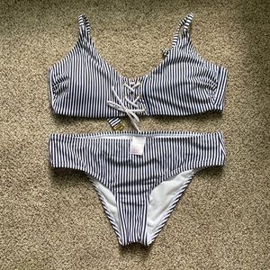 Blue and White striped bathing suit, XL top/L bottoms